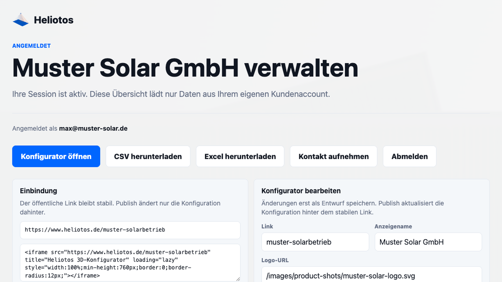 Heliotos Kundenbereich mit Einbindung, Branding und Publish