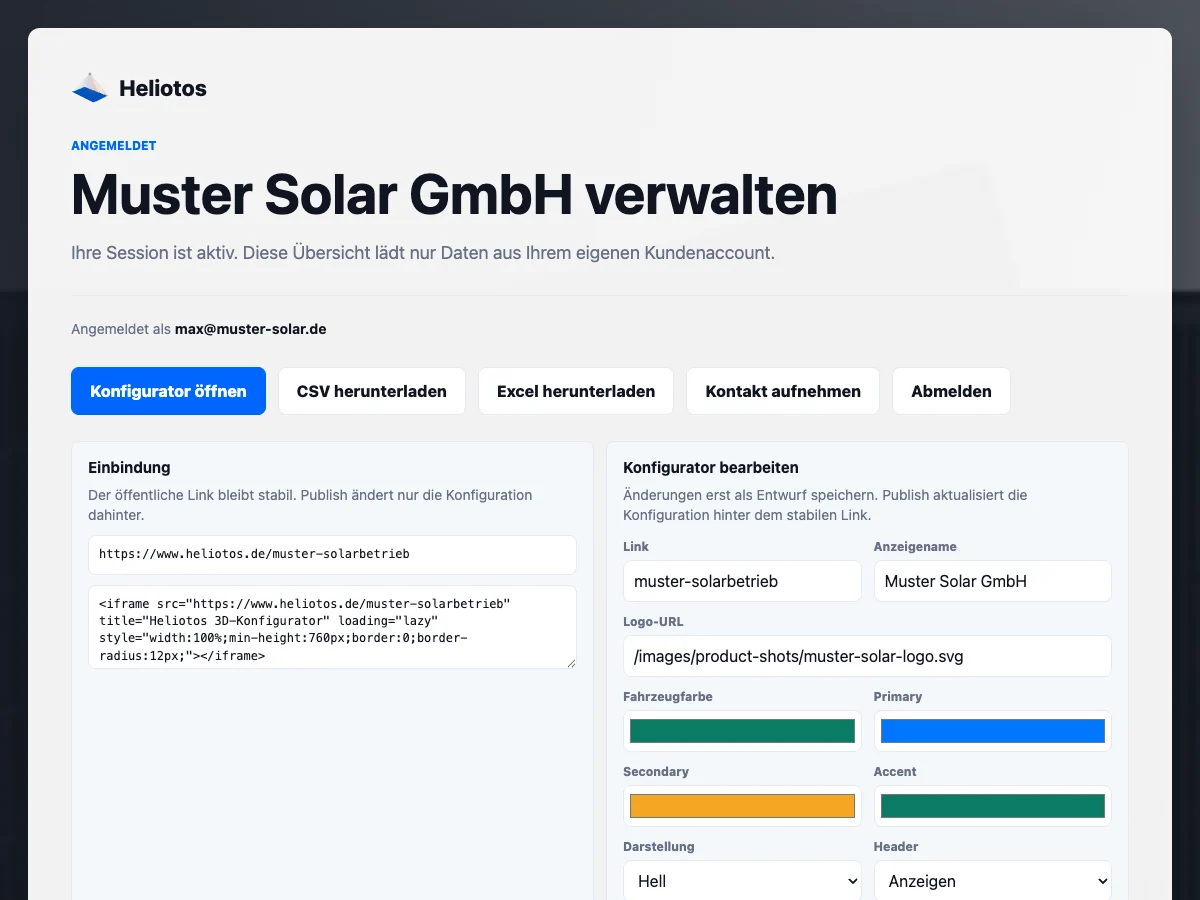 Heliotos Kundenbereich mit Einbindung, Vorschau und Konfigurator-Einstellungen