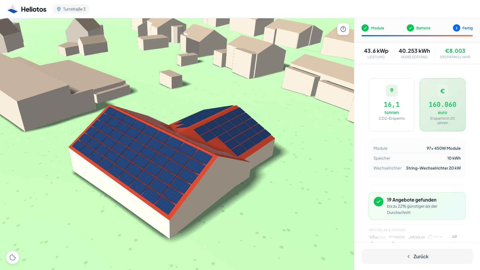 Heliotos Konfigurator mit echtem 3D-Gebäude und PV-Modulen