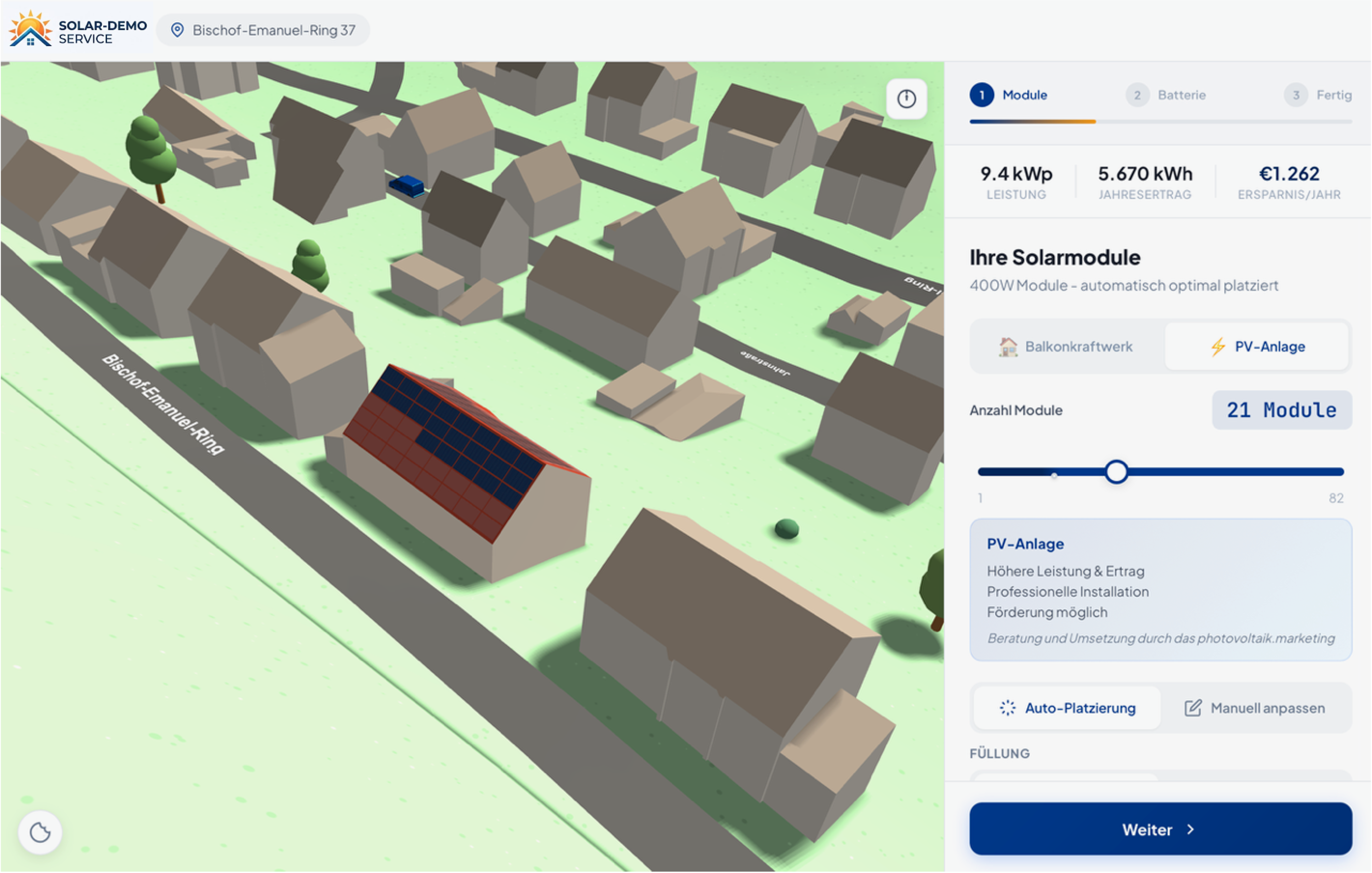 Heliotos Editor im hellen SOLAR-DEMO SERVICE Design mit blauem Akzent