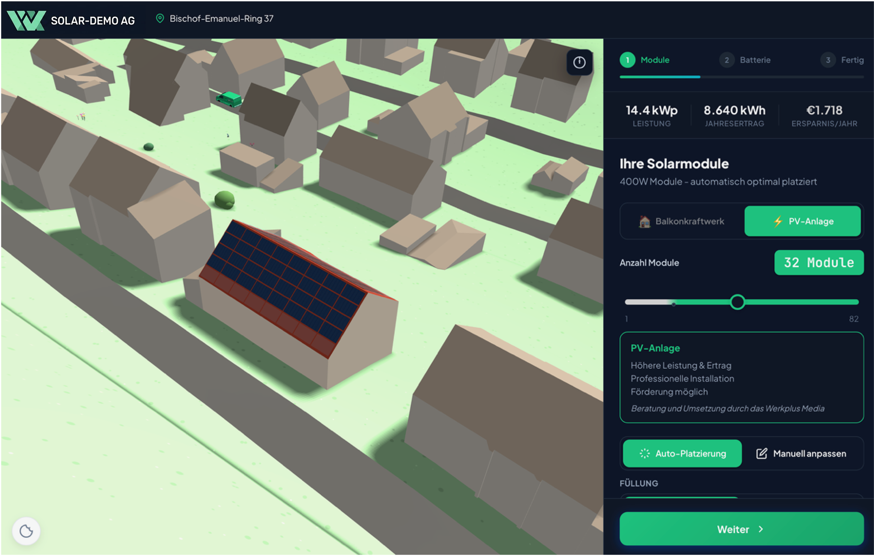 Heliotos Editor im dunklen SOLAR-DEMO AG Design mit grünem Akzent