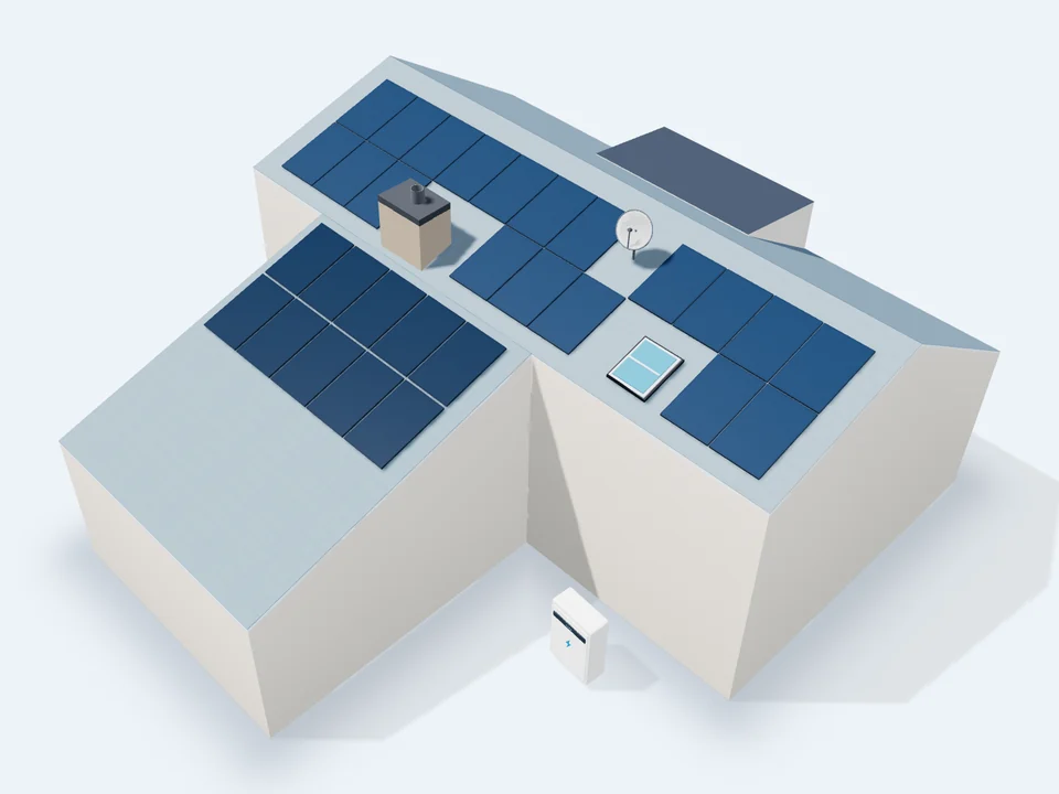 3D-Planung des Beispielhauses mit Modulbelegung, Bestandsanlage und Speicher
